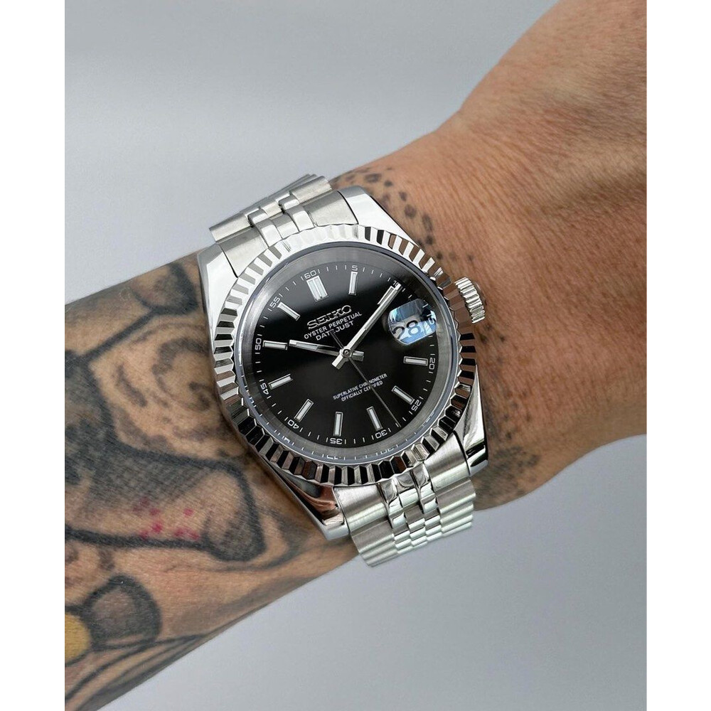 Custom Seiko Mod • Black Datejust Ice Blue Lume • 39mm